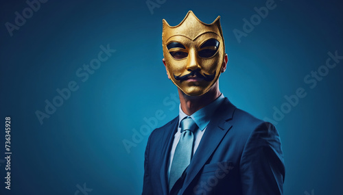 Businessman under cover of an opera mask. AI generated
