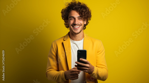 Curly-haired man in a yellow suit holding a phone and smiling at the camera on a yellow background