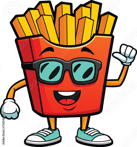 french fries cartoon vector, Cute french fries cartoon character, cute french fries food character mascot with cool expression