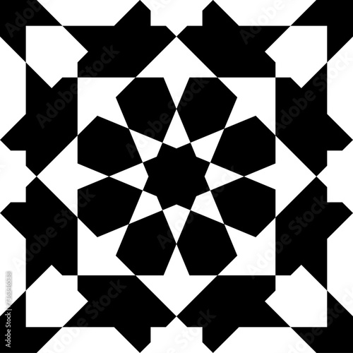 Seamless geometric pattern in arabic style Zellij in black and white photo