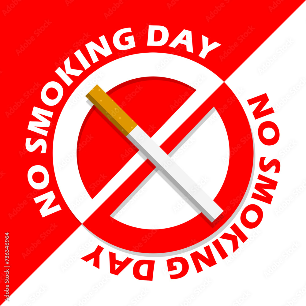 National No Smoking Day event banner. A cigarette with a prohibition symbol behind it with bold text on red and white background to celebrate on March National No Smoking Day event banner. A cigarette with a prohibition symbol behind it with bold text on red and white background to celebrate on March