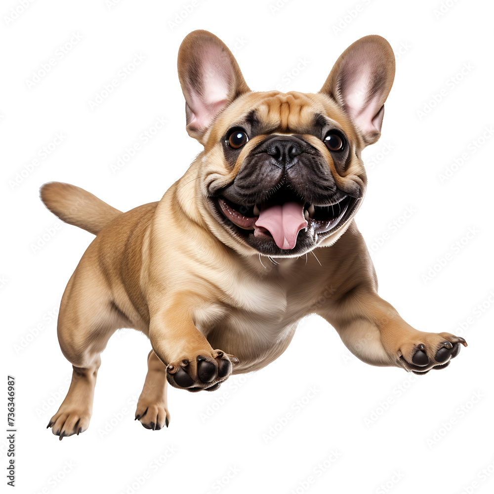 Healthy French bulldog dogs are running and jumping happily on PNG transparent background.