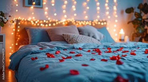 A bedroom with burning candles strewn with rose petals in anticipation of a romantic evening. The air is filled with the scent of roses and desire.
