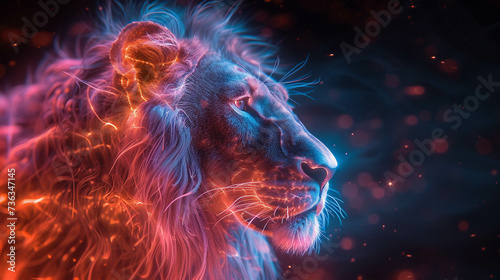 Steampunk lion in altered reality with neon glow