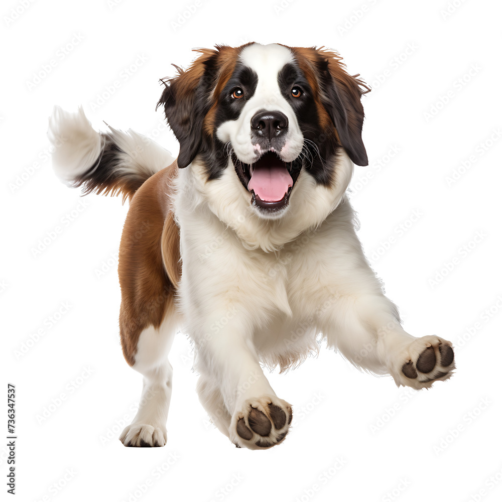 Healthy St.Bernard dogs are running and jumping happily on PNG transparent background.