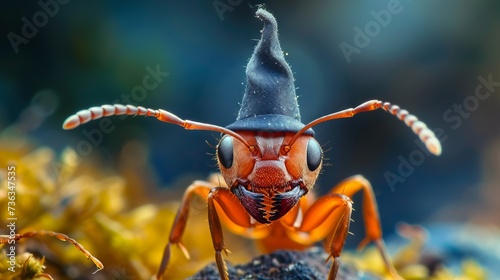 Close up photo of ant with wizard hat 