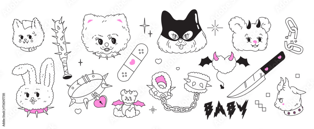 Y2k glamour pink stickers. Kawaii bdsm animals, devil, chain, heart, handcuffs tattoo and other elements in trendy emo goth 2000s style. Vector hand drawn icon. 90s, 00s aesthetic. Pink, black colors.