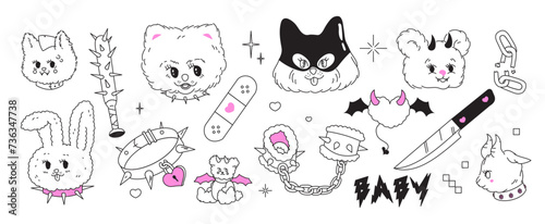 Y2k glamour pink stickers. Kawaii bdsm animals, devil, chain, heart, handcuffs tattoo and other elements in trendy emo goth 2000s style. Vector hand drawn icon. 90s, 00s aesthetic. Pink, black colors.