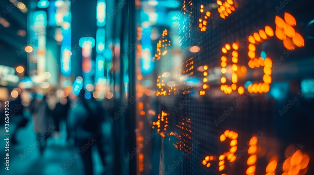 Stock market display with blurred city background and dynamic financial charts.
