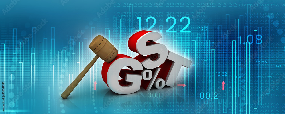 Naklejka premium 3d rendering GST Tax India with hammer 