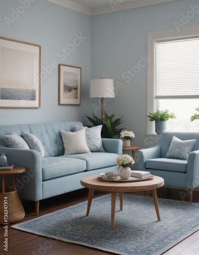 Modern interior with sofa, furniture, wooden coffee tables, tropical plants and elegant personal accessories in a stylish home decor. A bright living room.