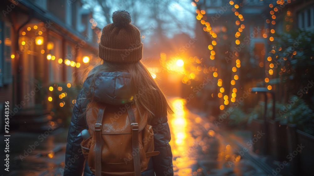 Small girl goes to preparatory school looking at illuminated windows in evening. Nervous preschooler walks to preparatory form for first time in back lit,,generative ai Small girl goes to preparatory school looking at illuminated windows in evening. Nervous preschooler walks to preparatory form for first time in back lit,,generative ai