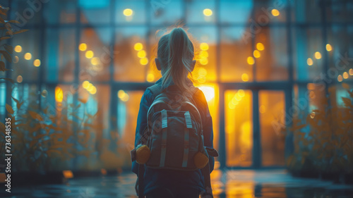Small girl goes to preparatory school looking at illuminated windows in evening. Nervous preschooler walks to preparatory form for first time in back lit,,generative ai