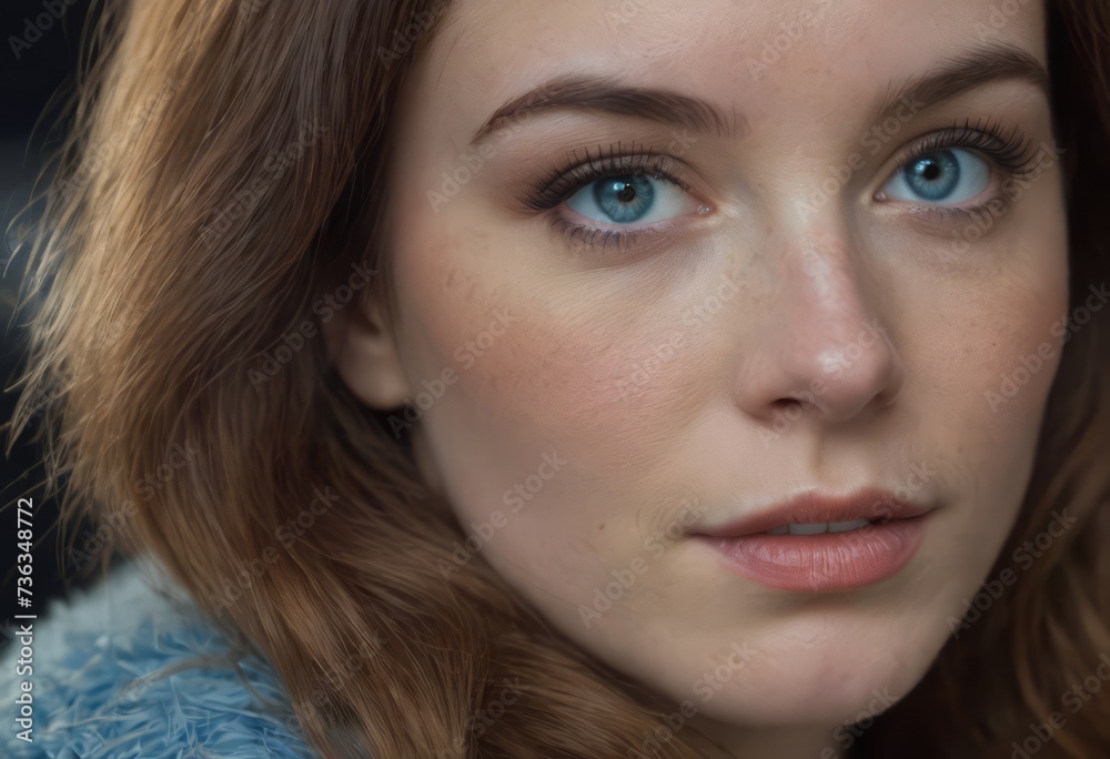 Close-up macro portrait of a female face. A woman with open blue eyes and daytime cosmetic makeup. A girl with perfect skin and freckles.