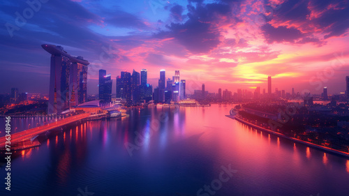 Race track road and bridge with city skyline at sunset,generative ai © Suralai
