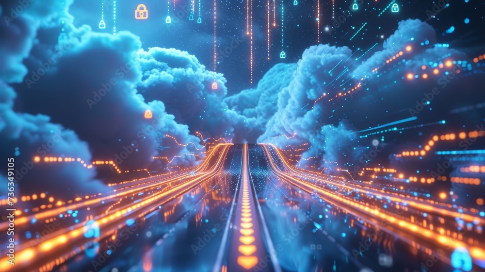 Futuristic road leading towards a high-tech, bright digital transformation horizon, encrusted with locks and cables highlighted in blue. Bright, cheerful cloud 
