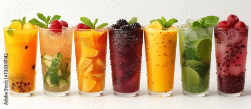 different healthy drinks with fruit, white background