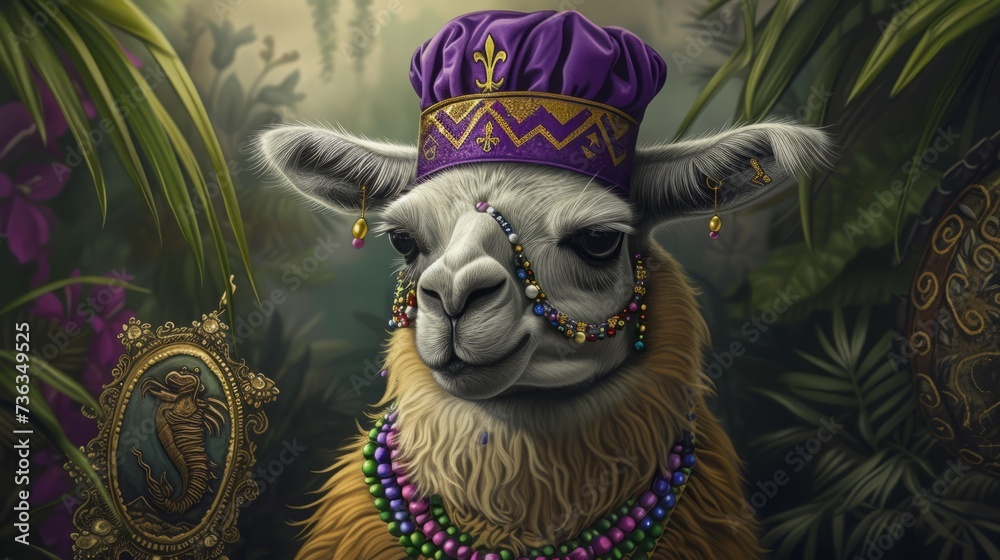 Hieroglyph photo of a pretty llama wearing a peru beanie hat wearing inka necklace wearing fleur de lis earrings listening to the cute new orleans jazz alligator that is wearing a purple and gold  - obrazy, fototapety, plakaty 
