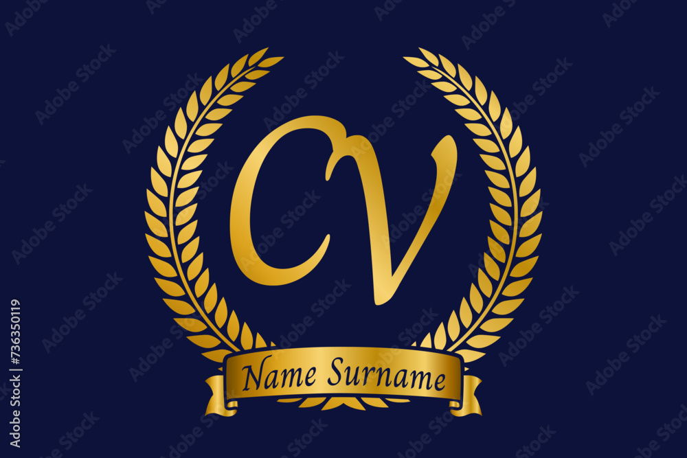 Initial letter C and V, CV monogram logo design with laurel wreath. Luxury golden calligraphy font. Initial letter C and V, CV monogram logo design with laurel wreath. Luxury golden calligraphy font.