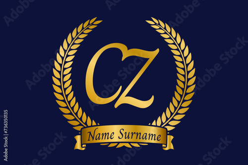 Initial letter C and Z, CZ monogram logo design with laurel wreath. Luxury golden calligraphy font.