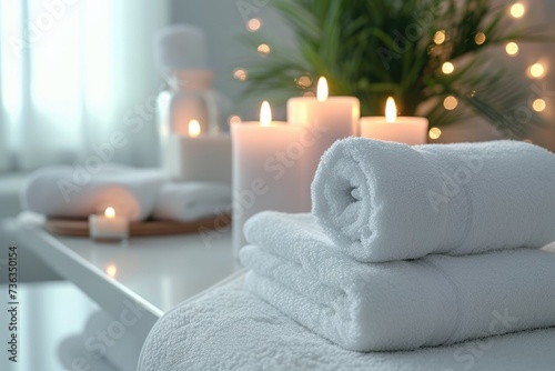 Home Spa Fluffy White Towels, Serene Calming Candles, and a Bright, Clean Background for Ultimate Relaxation and Wellness, Relaxing Day at Home