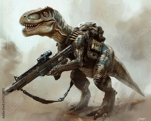Armed with a gun a dinosaur becomes a symbol of technological dominance photo