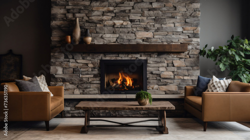  A stone fireplace in a living room