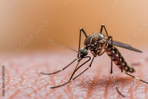 Close up of mosquito biting human skin, disease transmission concept.