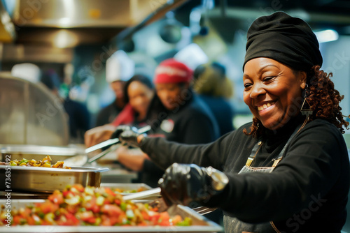 Joyful African American female chef serving food with a smile in a bustling restaurant kitchen. photo