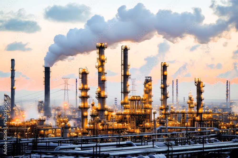 Fototapeta premium Dramatic industrial scene of a factory with smokestacks against a vivid sunset, symbolizing energy production and environmental concerns.