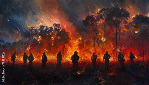 group of firefighters stand in front of a burning forest, in the style of tabletop photography, 8k resolution, australian landscapes,generative ai