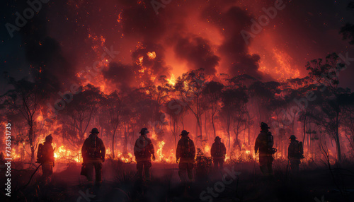 group of firefighters stand in front of a burning forest, in the style of tabletop photography, 8k resolution, australian landscapes,generative ai