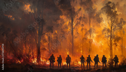 group of firefighters stand in front of a burning forest, in the style of tabletop photography, 8k resolution, australian landscapes,generative ai