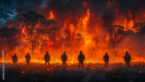 group of firefighters stand in front of a burning forest, in the style of tabletop photography, 8k resolution, australian landscapes,generative ai