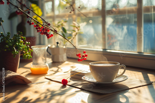 Cozy morning coffee on a sunny windowsill with berries and warm light photo