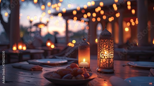 Islam people in ramadhan with a lantern on the mosque, food, happpy vibes, islamic and floating lantern background