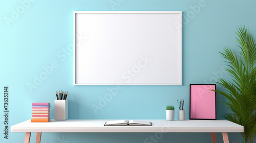 A clean and simple office setup with a blank white empty frame, showcasing a vibrant, abstract digital composition. © INAYAT