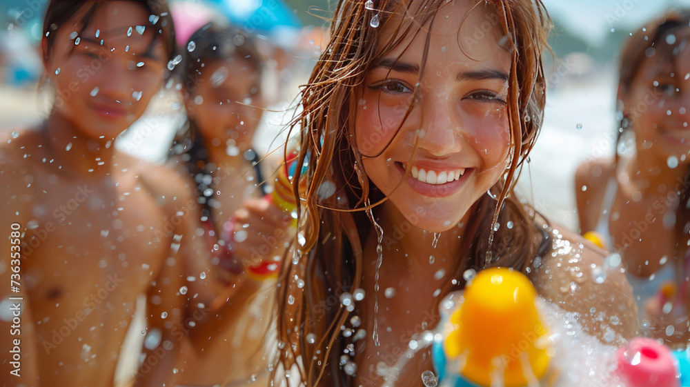 Obraz premium A group of tourists and foreign friends play in the water in Thailand on Songkran Celebrate Songkran Festival holding a colorful water gun,generative ai.