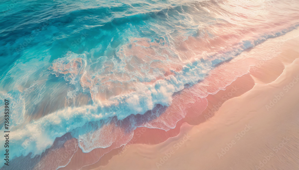 Pastel colors background of ocean foamy waves hitting the sandy beach. Exotic serene blue sea, tropical summer vacation seaside, holiday recreation concept, pink colors