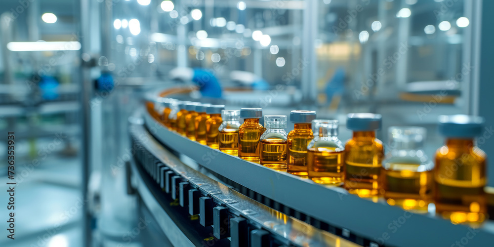 Conveyor Belt of Hope: A line of amber-filled vials moves along a modern factory conveyor belt, symbolizing the vital production of pharmaceuticals and the promise of health and well-being. Conveyor Belt of Hope: A line of amber-filled vials moves along a modern factory conveyor belt, symbolizing the vital production of pharmaceuticals and the promise of health and well-being.