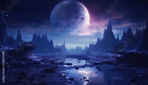 futuristic fantasy night landscape with abstract landscape moonlight shine dark natural © Rehan