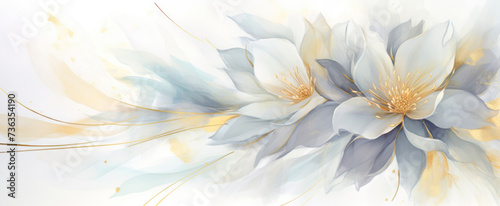 Watercolor background with blue and white lotus flowers. Hand painted illustration.