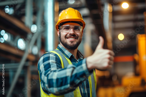 Cheerful senior man shipping company worker standing with thumb up and smiling at camera