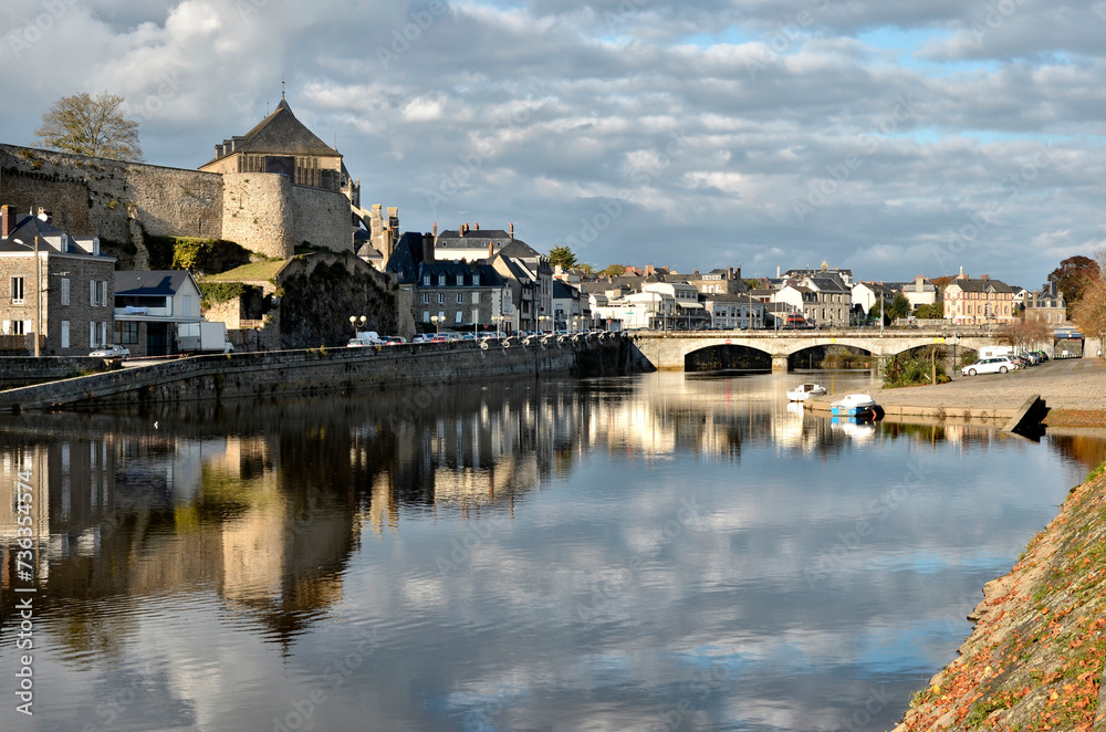 Mayenne river in the town of the same name with the castle ramparts, commune in the Mayenne department in north-western France