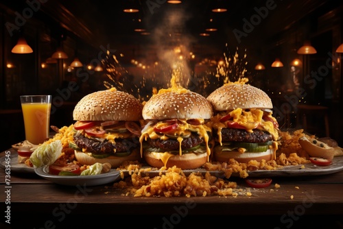 Delicious hamburger trio with steam on dark wooden table, fast food menu concept