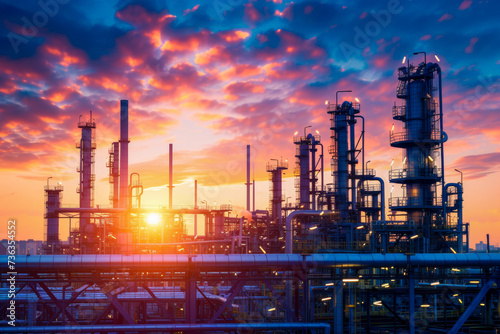Oil and gas industry zone with sunrise and cloudy sky, industrial view at oil refinery plant