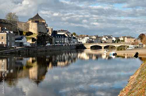 Mayenne river in the town of the same name with the castle ramparts, commune in the Mayenne department in north-western France photo