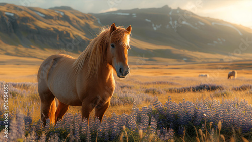 Icelandic horse in a field of lupins at sunset photo