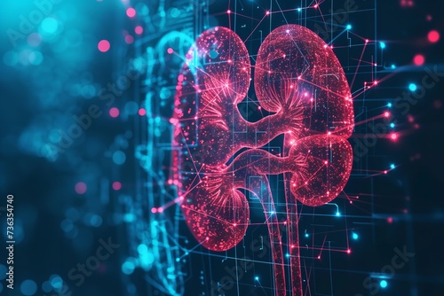 A human kidney in a technological backdrop illustrated dark blue backdrop with a big empty space and technical connections, Generative AI. photo