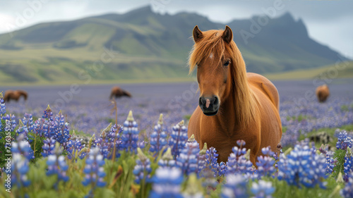 Icelandic horse in wildflower meadow with blue flowers. photo